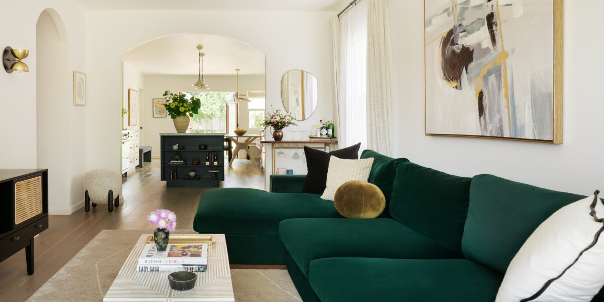 Green Sectional in LA Spanish Bungalow by Shure Design Studio