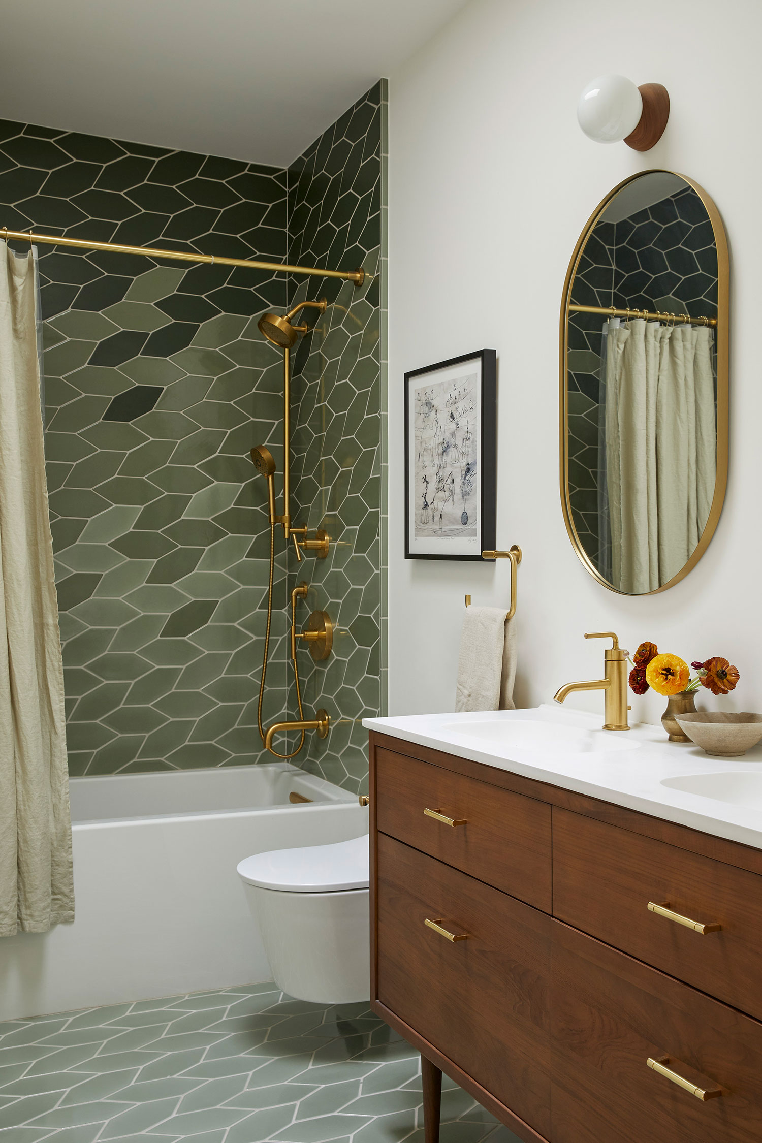 Green Tile Bathroom in San Mateo Remodel by Banner Day Interiors and YAC