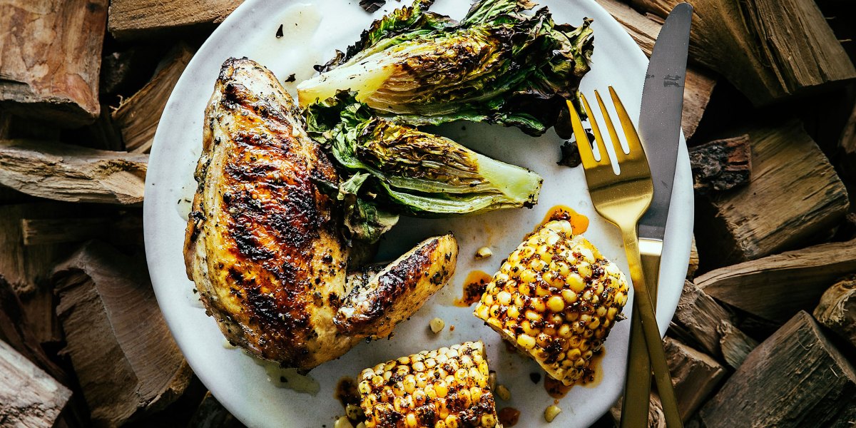 Chicken with Spicy Corn on the Cob and Grilled Lettuces