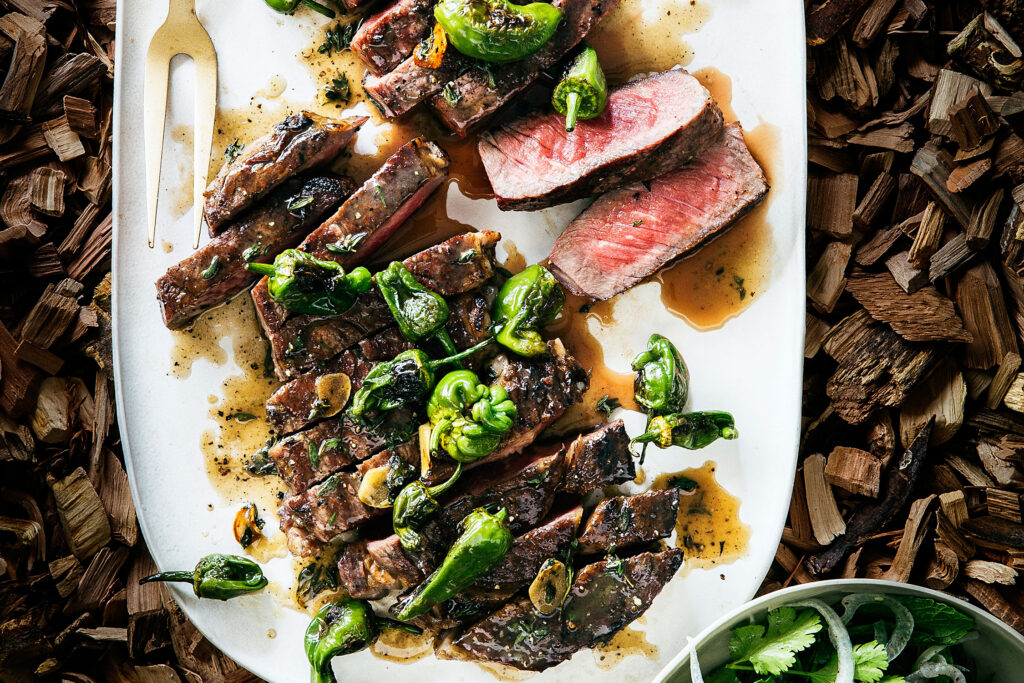 Grilled Rib-Eye Steaks with Blistered Padrón Peppers