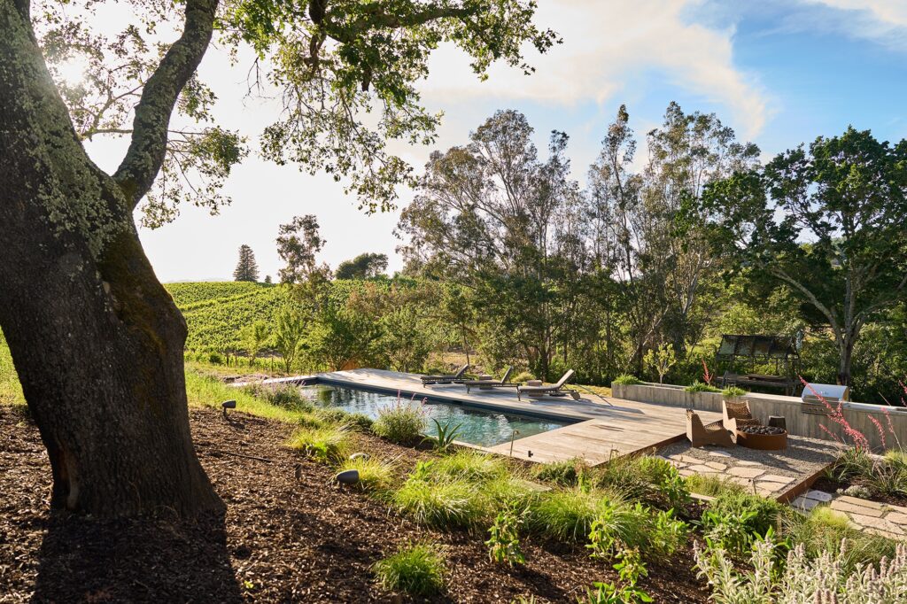 Backyard with a pool, lounge chairs, and grill