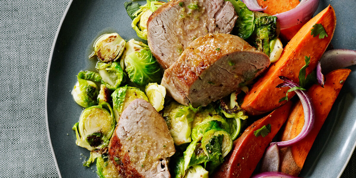 Pork and Charred Brussels Sprouts with Chile Lime Sauce