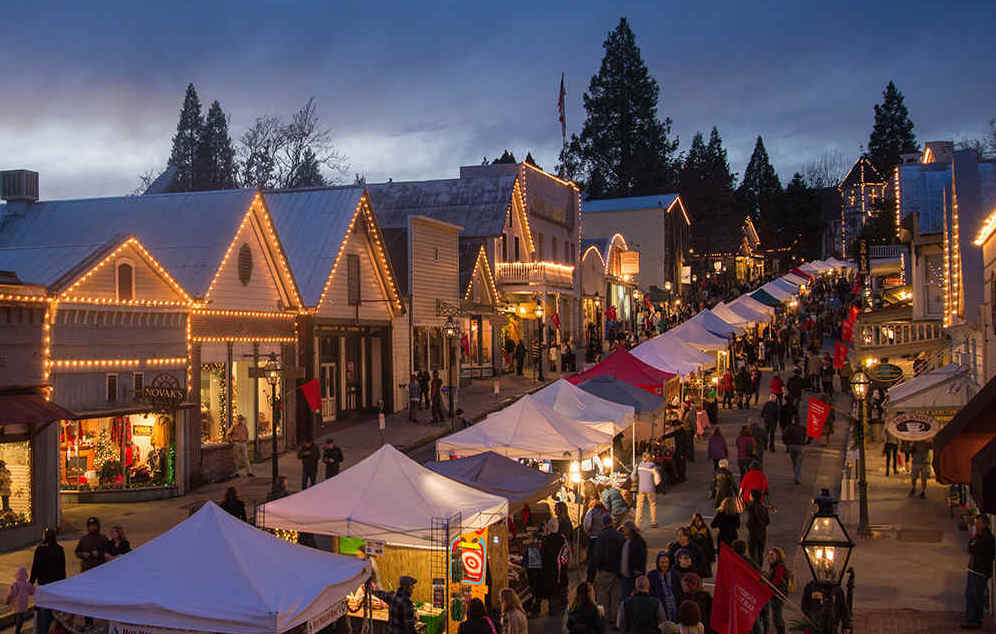 Nevada City with Christmas lights