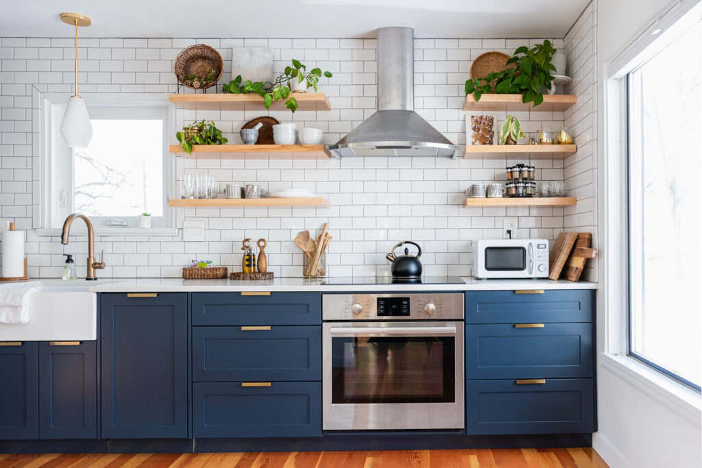 Kitchen Blue Cabinets Subway Tile