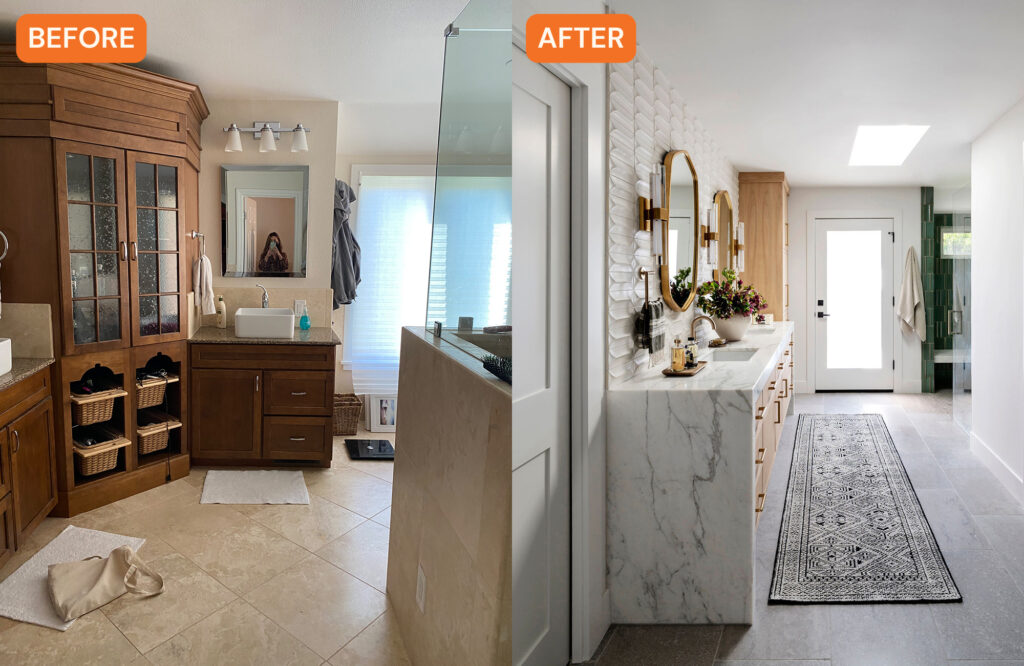 Bathroom Layout Before and After in Lafayette Bathroom by Emerson Grace Design