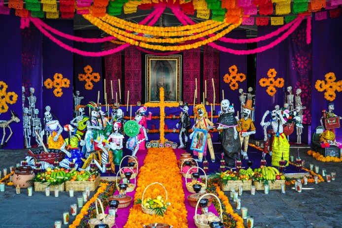 The Dia de los Muertos altar was on Display at the Basilica of Our Lady of Guadalupe in Mexico City, Mexico. This altar is dedicated as reverence to Our Lady of Guadalupe and rememberance of deceased love ones.