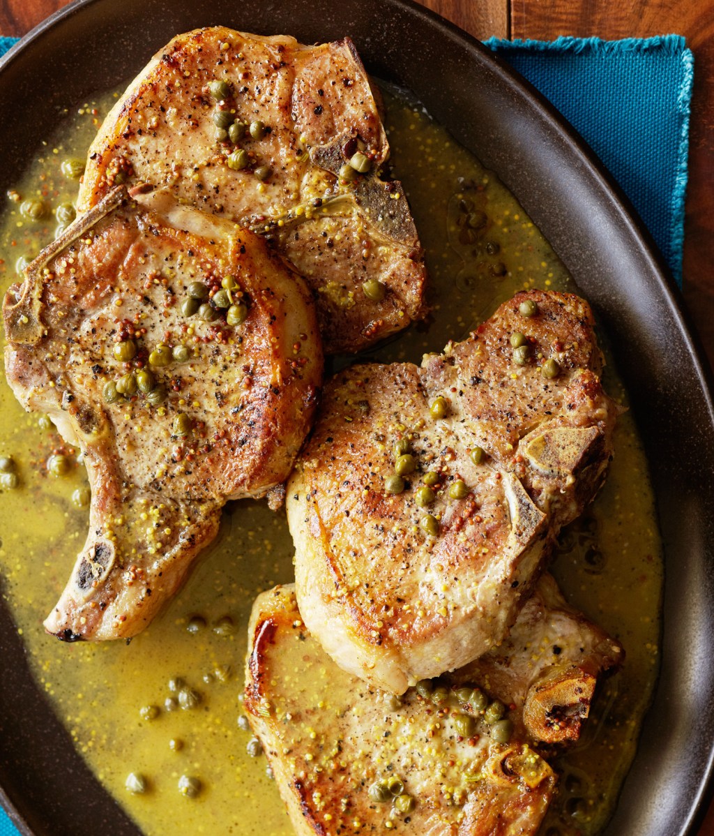 Pork Chops with Mustard, Rosemary, and Capers