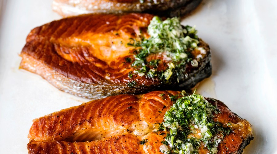 Roasted Salmon Steaks with Remoulade Butter