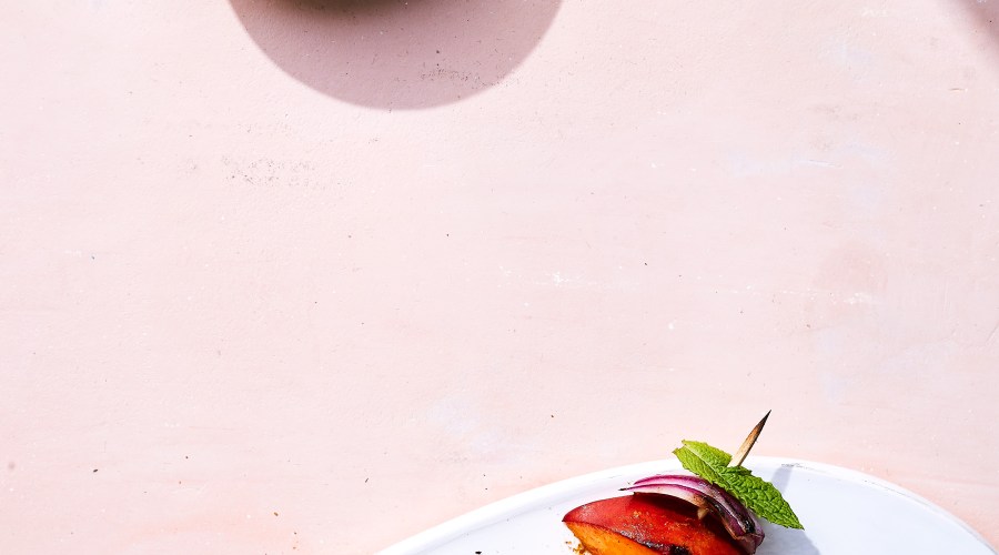 Paneer Tikka, Peach, and Mint Skewers