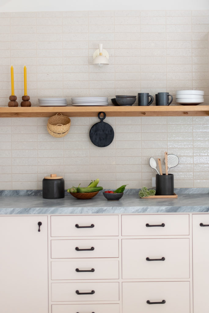 open shelves rectangular tile pink cabinetry