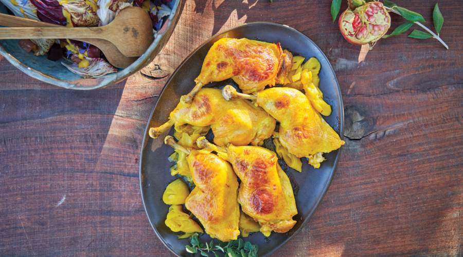 Saffron Chicken with Saffron Butter Leeks