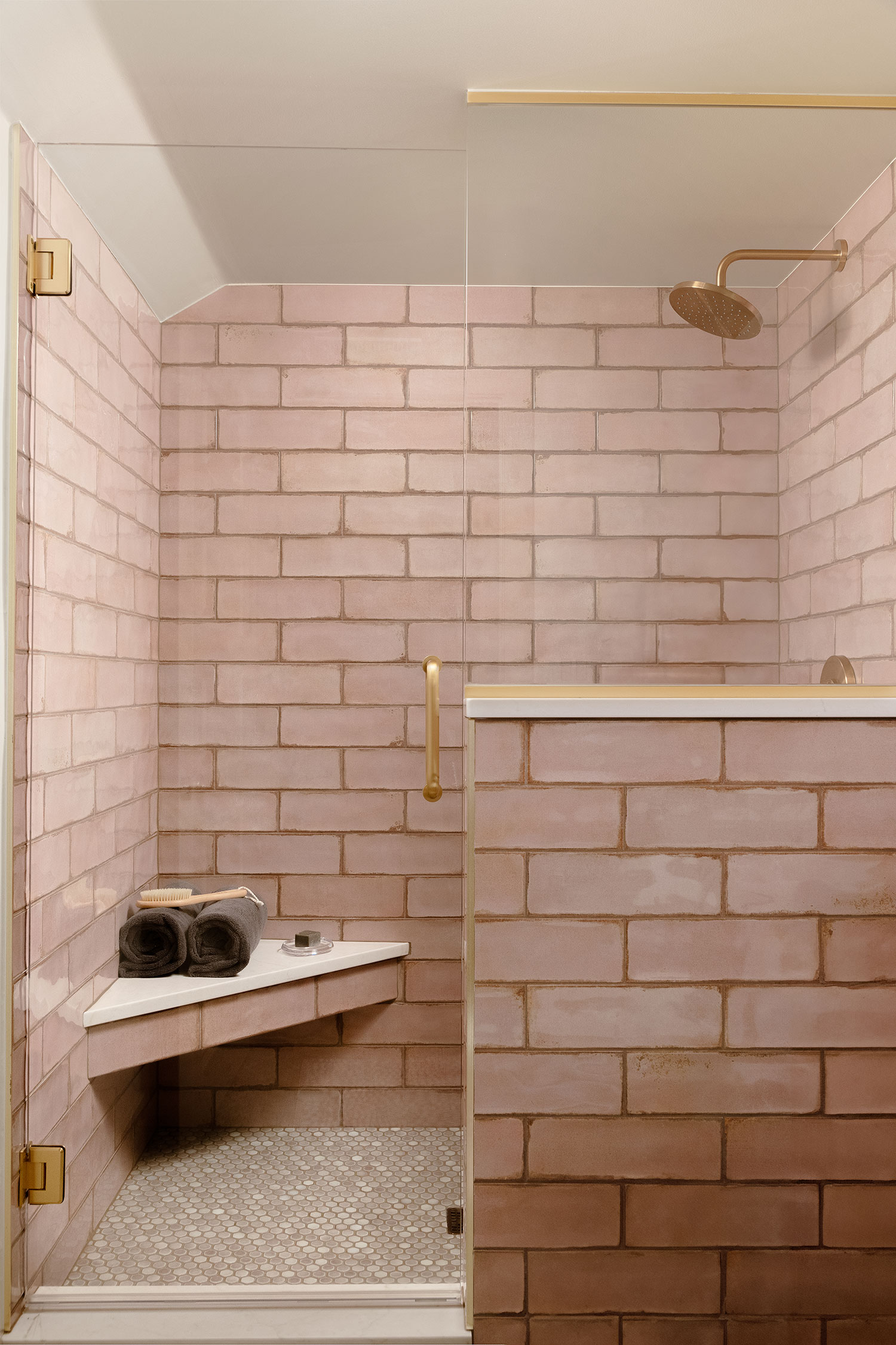 Pink Bathroom in Denver English Tudor by Atelier Design