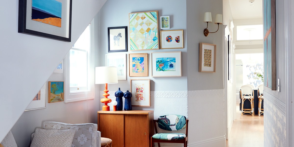 Katy Polsby hallway with vintage furniture CW Stockwell fabric