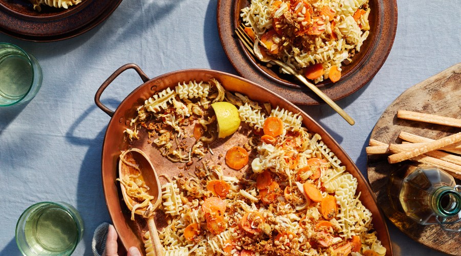 Radiatore with Crispy Chicken, Carrots, and Sage