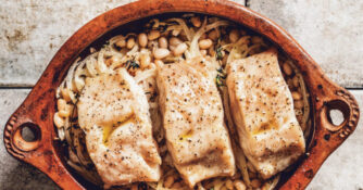 Clay-Baked Pacific Cod Gratin with Onions and White Beans