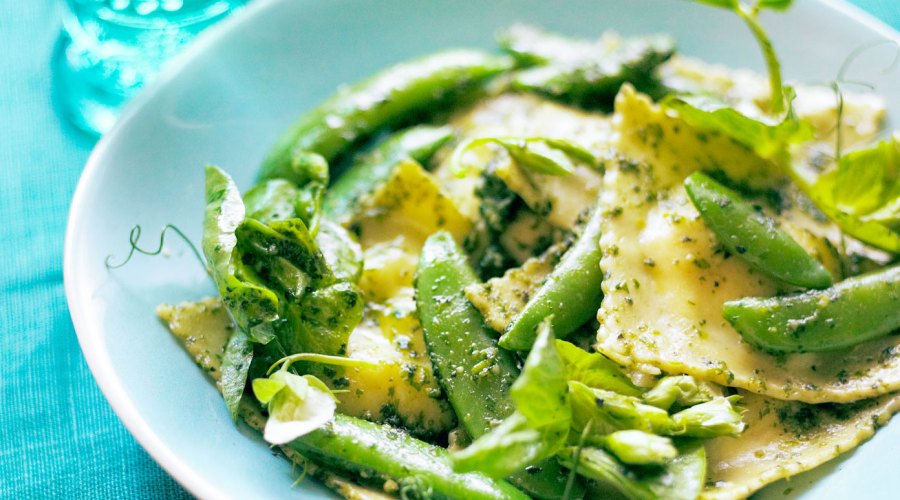 Ravioli with Snap Peas, Pea Shoots, and Minty Pea Shoot Pesto