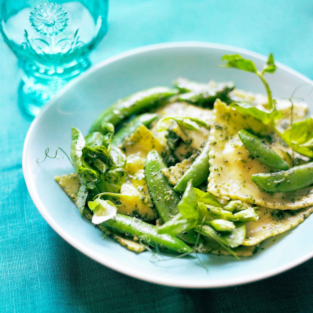 Ravioli with Snap Peas, Pea Shoots, and Minty Pea Shoot Pesto