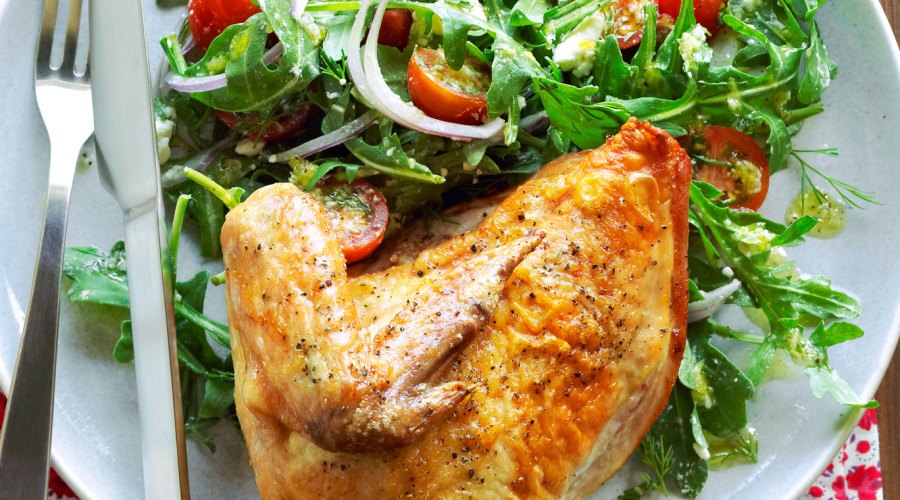 Roast Chicken with Arugula Tomato Salad