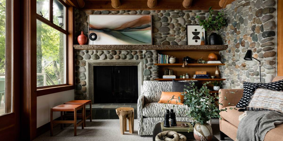 Living Room with River Stone Hearth