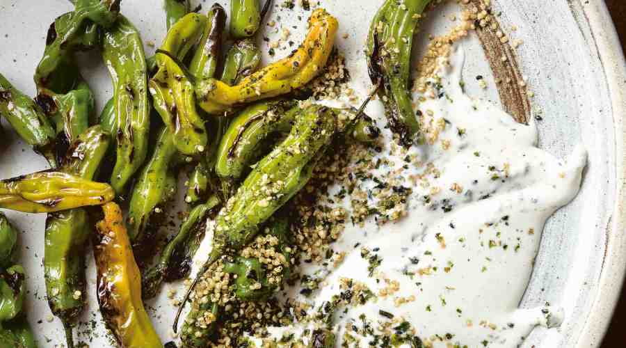 Blistered Shishitos with Furikake Ranch and Crispy Quinoa