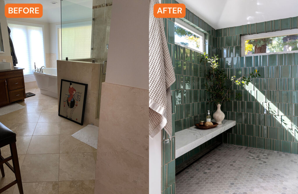 Shower Before and After in Lafayette Bathroom by Emerson Grace Design