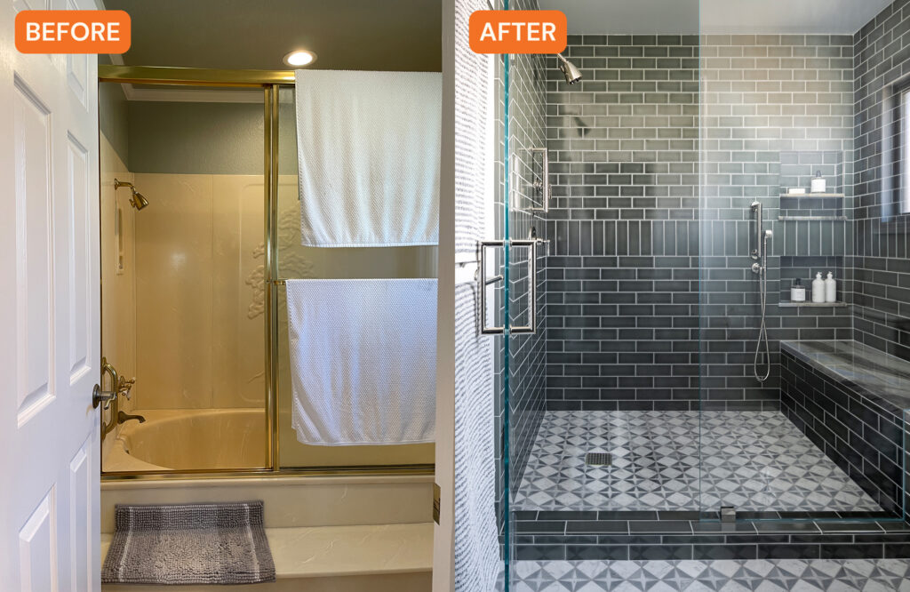 Shower Before and After in San Mateo Bathroom by Melinda Mandell