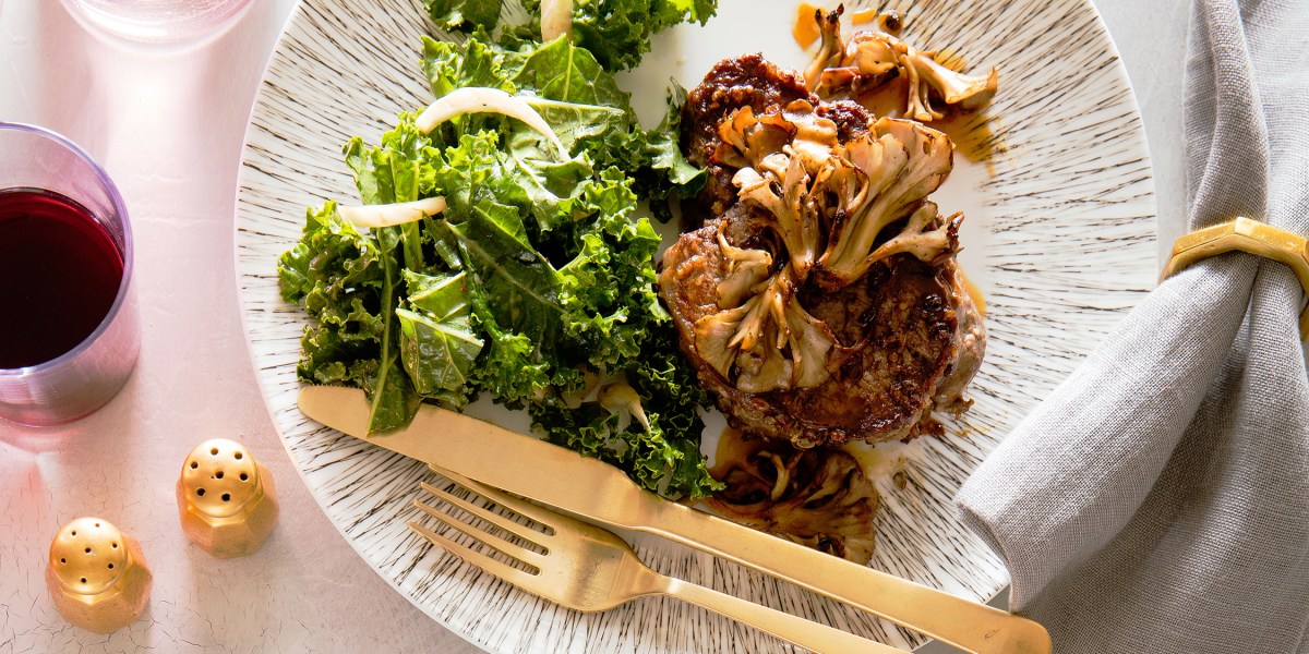 Sichuan Peppercorn Filet Mignon with Crisp Mushrooms and Kale Slaw