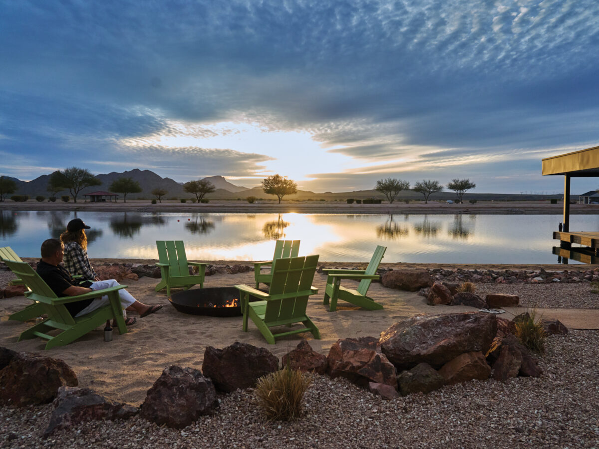 Fire Pit by the Lake at Sunset