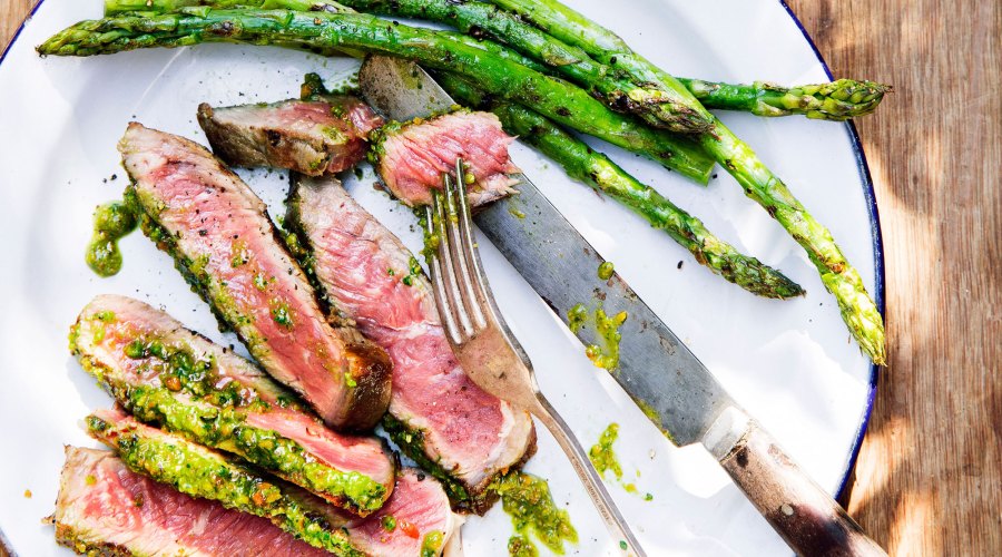 Rib-Eye Steaks with Pistachio Butter and Asparagus