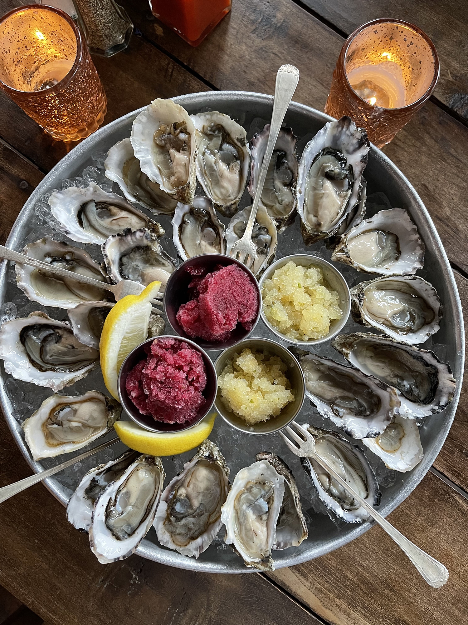 The Wandering Goose Raw Oysters Hibuscus Lime Preserved Lemon Granita