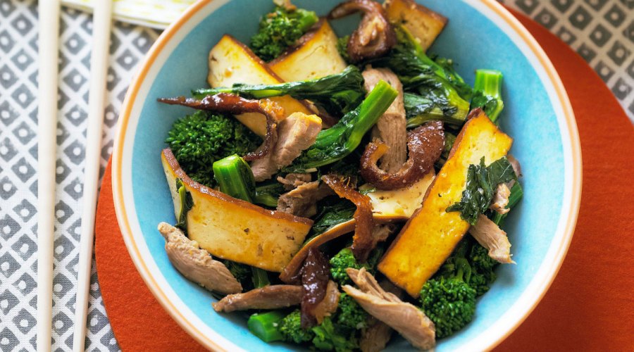 Pressed Tofu, Roast Duck, and Broccolini Stir-Fry