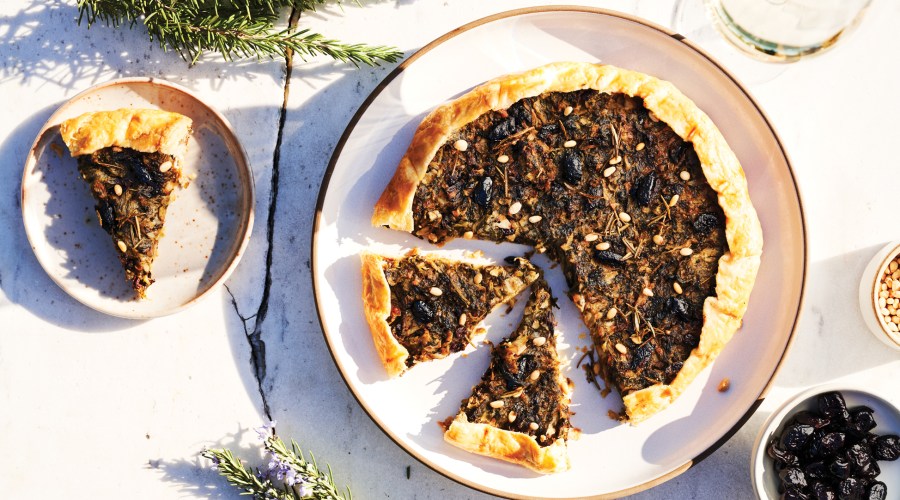 Escarole Galette with Black Olives and Pine Nuts