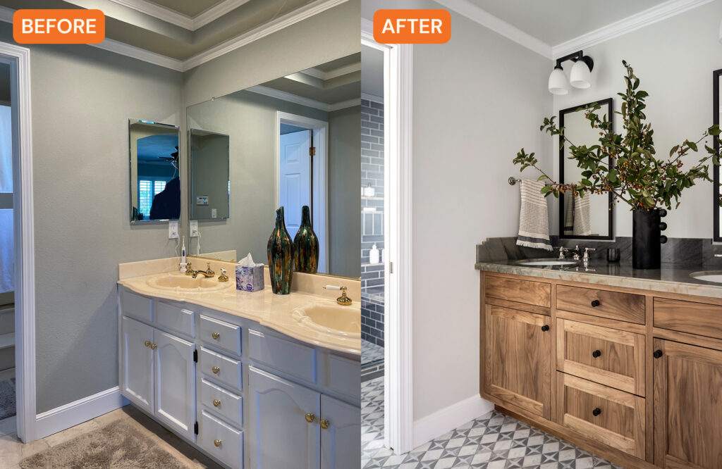 Vanity Before and After in San Mateo Bathroom by Melinda Mandell