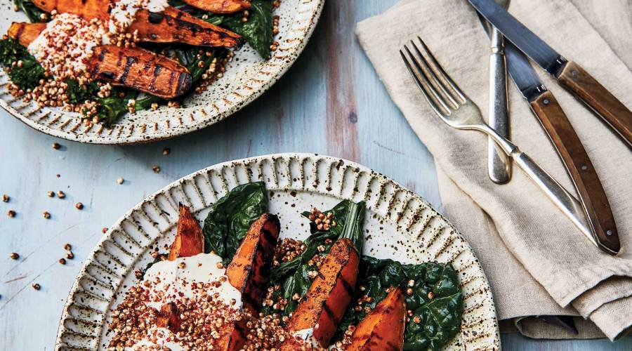 Grilled Sweet Potatoes and Puffed Buckwheat