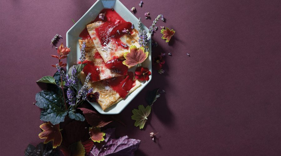 Lavender Crepes with Lavender Pluot Sauce recipe from Floral Provisions cookbook
