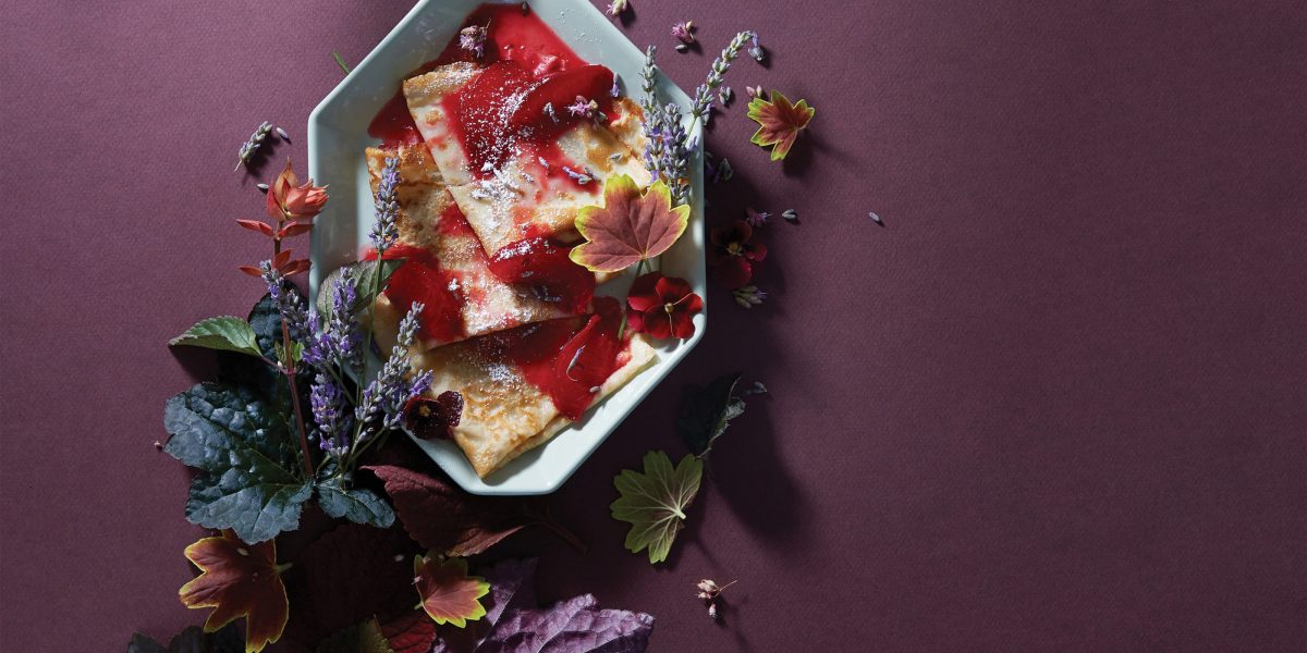Lavender Crepes with Lavender Pluot Sauce recipe from Floral Provisions cookbook