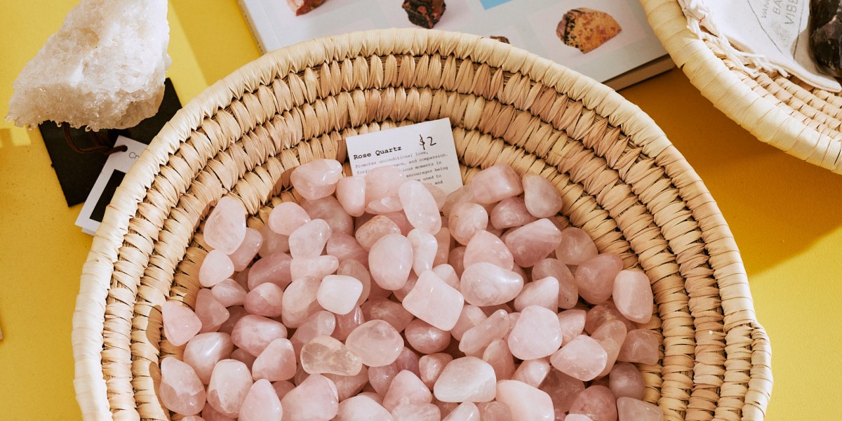 Crystals in a basket at Wine and Rock Shop in Yucca Valley, California