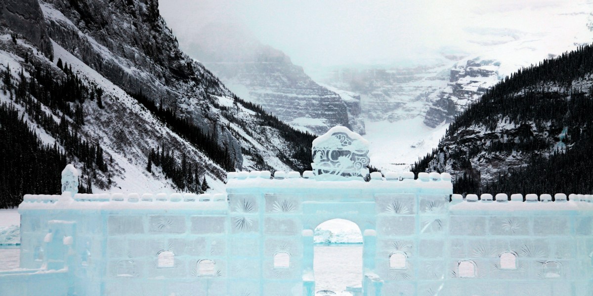 Ice sculpture castle on Lake Louise in Banff