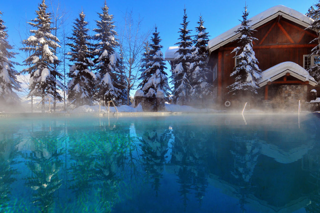 The pool at McCall's Shore Lodge in winter